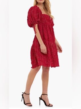 English Factory Red Smocked Puff Sleeve A-Line Dress NWOT Large